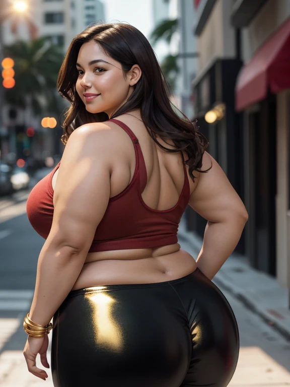 Latina woman, 42 years old, long brown hair, tan-bronze skin, plus size milf body, MILF, chubby figure, chubby face, attractive face, mascara, red lips, beautifully detailed eyes, carefree smile, confident expression, she very amused, hands on hips, looking from behind, (wearing red tank-top, shiny black leggings and golden bracelets), wide hips, large thighs, beautiful thick female, thick thighs, she has a jiggly fat round belly, she has a wide load butt, standing in the streets of Miami, (back shot:1.2), best quality, cinematic lighting, detailed background, soft volumetric lights, intricate details,
