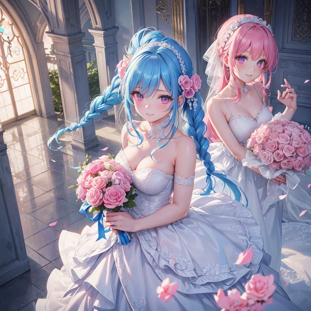 Sky blue hair, (Braided Ponytail),(Pink Eyes),Fair skin ,(whole body),(One girl),bride,A big smile,Straight bangs, 6月のbride,Wedding dress,(masterpiece, Highest quality, Very detailed, Best Shadow), (Detailed Background), (Beautifully detailed face), High Contrast, (Best lighting, Very delicate and beautiful), ((Cinematic Light)), colorful, Hyper Detail, Dramatic Light, Intricate details,Chapel background,A bouquet of roses in the right hand,Ring on left ring finger,