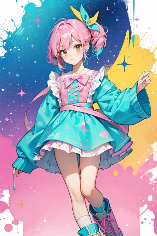 Splatters has pink and teal hair with a blue bow with yellow paint dripping down it. She has brown eyes with paint all over the sides of them. She has a blue, pink and yellow dress with pink high top Converse boots with paint splatters at the tips at the end of them. SPARKLE; GLITTER