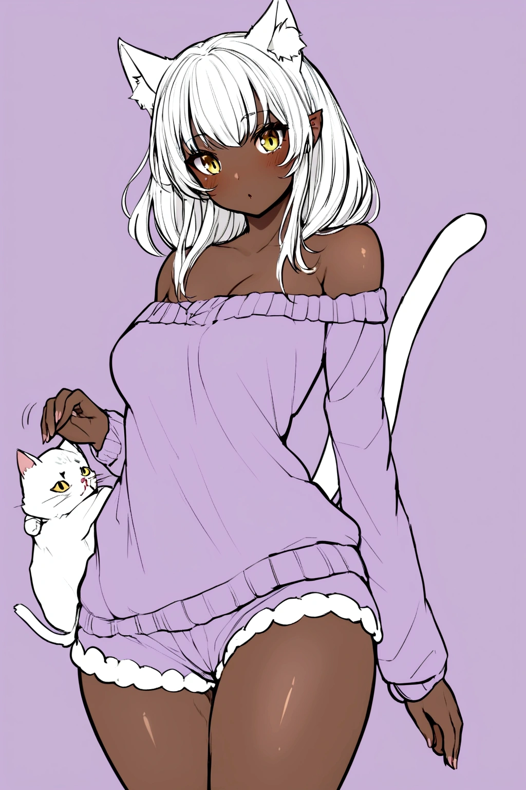 good quality , 1 girl, cat hybrid,body hair curto com orelhas de gato,cat tail,body hair,black and white ears and tail,brown skin,with a lilac off-the-shoulder sweater and pajama shorts