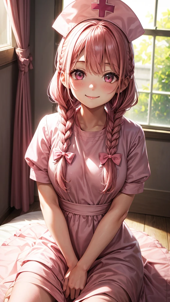 1girl, solo, long hair, breasts, looking at viewer, blush, smile, bangs, hat, dress, bow, holding, closed mouth, pink hair, braid, short sleeves, hair bow, sidelocks, indoors, pink eyes, twin braids, window, letterboxed, pink dress, nurse cap, nurse pink lips,