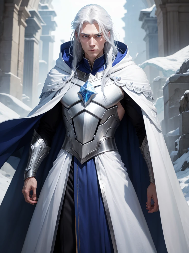 Appearance: Aelwin is tall and slender, with an imposing presence. His skin is pale as fresh snow, contrasting with his icy blue eyes that seem to penetrate the soul. His hair is long and silver, shining like ice in the sunlight. He wears a white cloak embroidered with silver thread and ice crystals, which seems to sparkle with every movement.