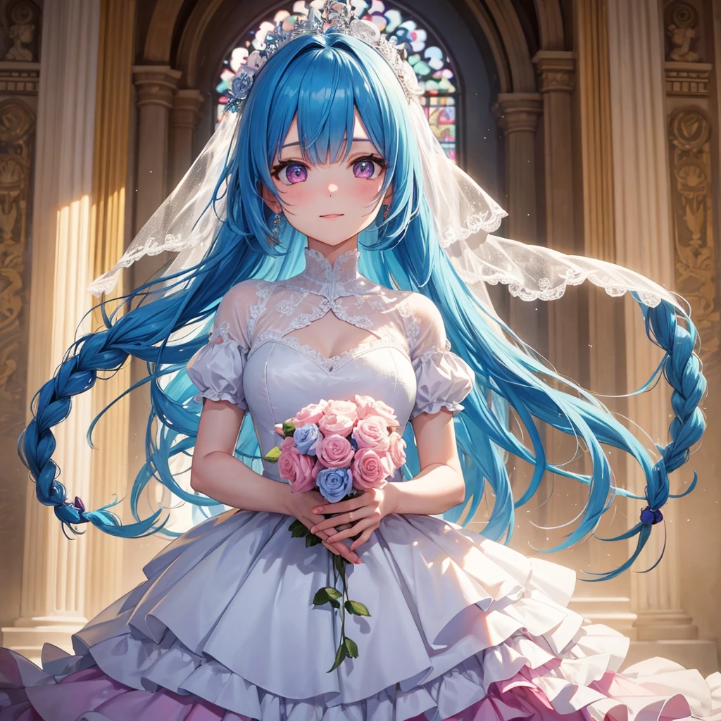 Sky blue hair, (Braided Ponytail),(Pink Eyes),Fair skin ,(whole body),(One girl),bride,A big smile,Straight bangs, 6月のbride,Wedding dress,(masterpiece, Highest quality, Very detailed, Best Shadow), (Detailed Background), (Beautifully detailed face), High Contrast, (Best lighting, Very delicate and beautiful), ((Cinematic Light)), colorful, Hyper Detail, Dramatic Light, Intricate details,Chapel background,A bouquet of roses in the right hand,Ring on left ring finger,