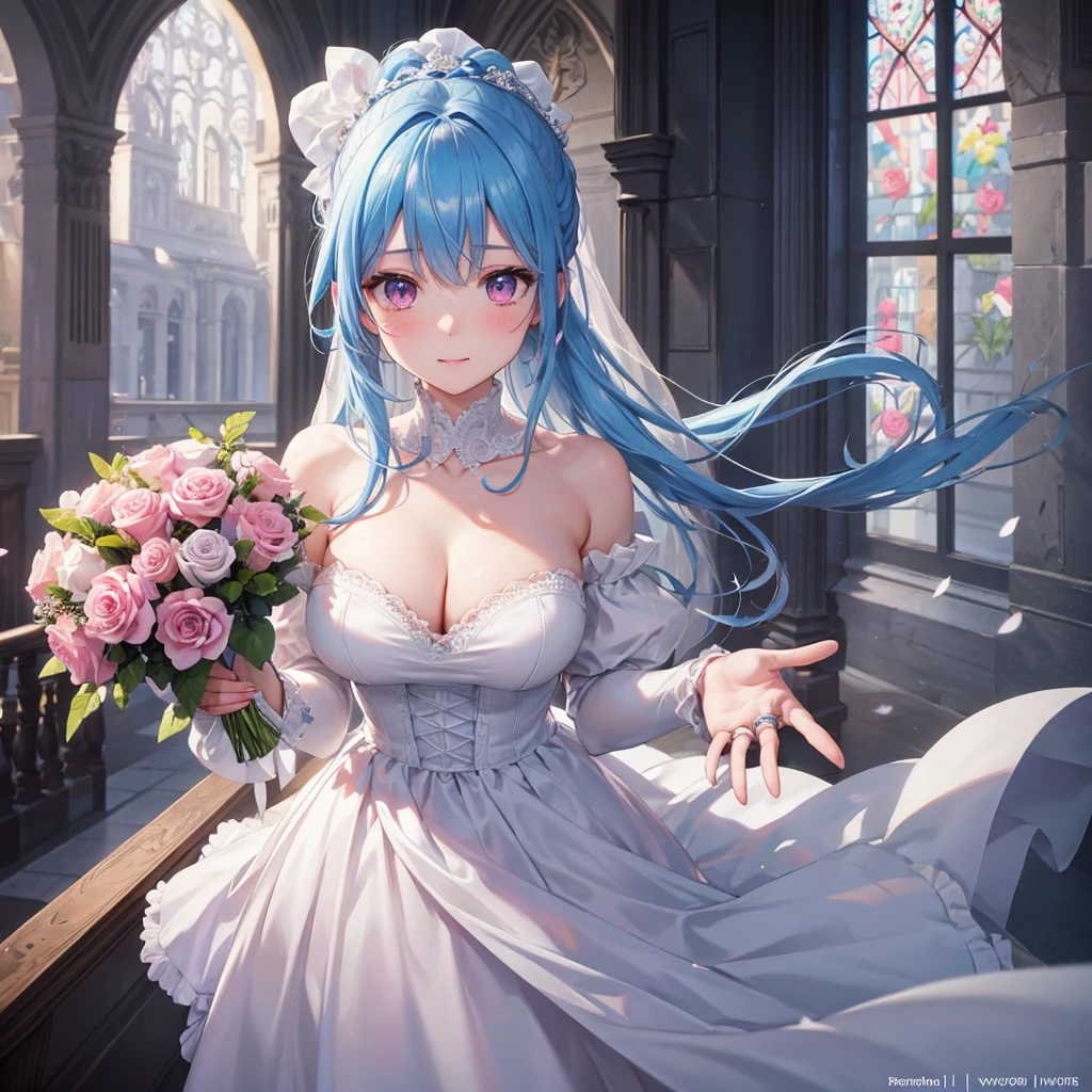 Sky blue hair, (Braided Ponytail),(Pink Eyes),Fair skin ,(whole body),(One girl),bride,A big smile,Straight bangs, 6月のbride,Wedding dress,(masterpiece, Highest quality, Very detailed, Best Shadow), (Detailed Background), (Beautifully detailed face), High Contrast, (Best lighting, Very delicate and beautiful), ((Cinematic Light)), colorful, Hyper Detail, Dramatic Light, Intricate details,Chapel background,A bouquet of roses in the right hand,Ring on left ring finger,