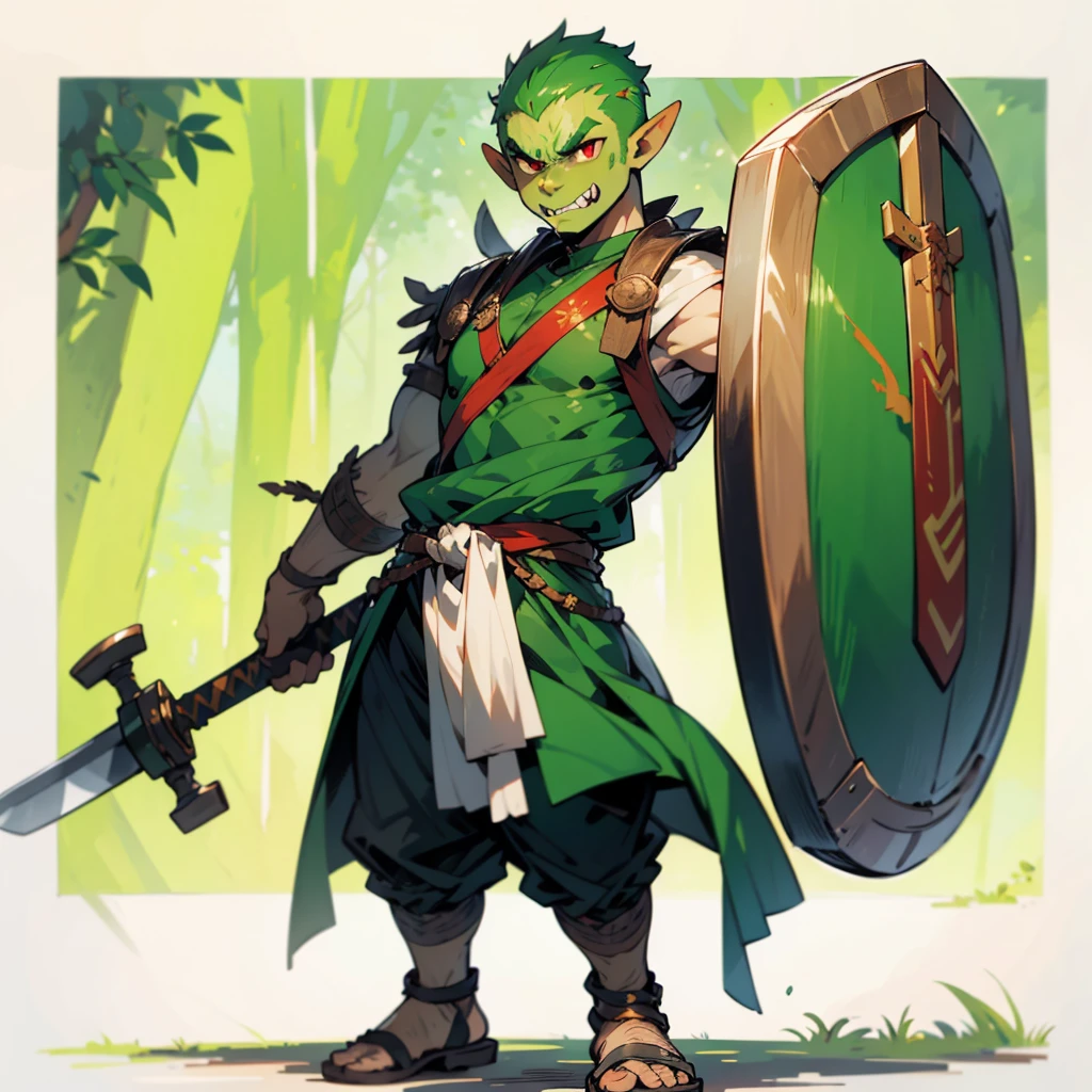 1**********s orc, orc version, Full body version, red eyes, green colour skins, angry eyes, bald hairstyle, angry expression, ancient Greek clothing, ancient Greek sandals, wood sword in hand, small shield wood, wood armor vest, Grassroots background in forest 