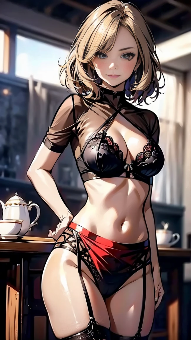 (masterpiece, Highest quality), (Ultra-high resolution, 8k RAW photos, Photorealistic:1.5, Fabric Shading, Thin contours), Beautiful mature woman preparing a tea party in the garden, (Tea set, you can, Tea cup, Some cakes on a plate), Gothic Table, (伝統的なダークブラウンのMaid clothesを着用, Maid clothes:1.2, Long Flared Skirt, apron), tall and leggy, Long white hair, Wearing borderless grass, (Mature Woman:1.5, 28 years old, alone), ( Tight waist), (Long white hair, Hair on one eye, Updo, Side Lock, Asymmetrical Hair, Wavy Hair), (Bright Eyes, Fine grain, A face with attention to detail, perfect face shape, Bloodshot eyes), (A seductive smile, Half-close your eyes), (Looking at the audience:1.3), (Dynamic Angle, Thigh focus, From side to bottom:1.2), ((Correct Anatomy:1.5, The right move)), (Ideal body proportions), Outdoor, Glass Garden, ((Garter Stockings))((black thong))
