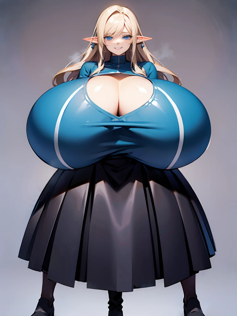 young elf girl, blue eyes, blue Pullover, black long skirt, whole body to see, smiled, excited, moans, blond long hair, sexy pose, (((very huge breasts))), wide hips