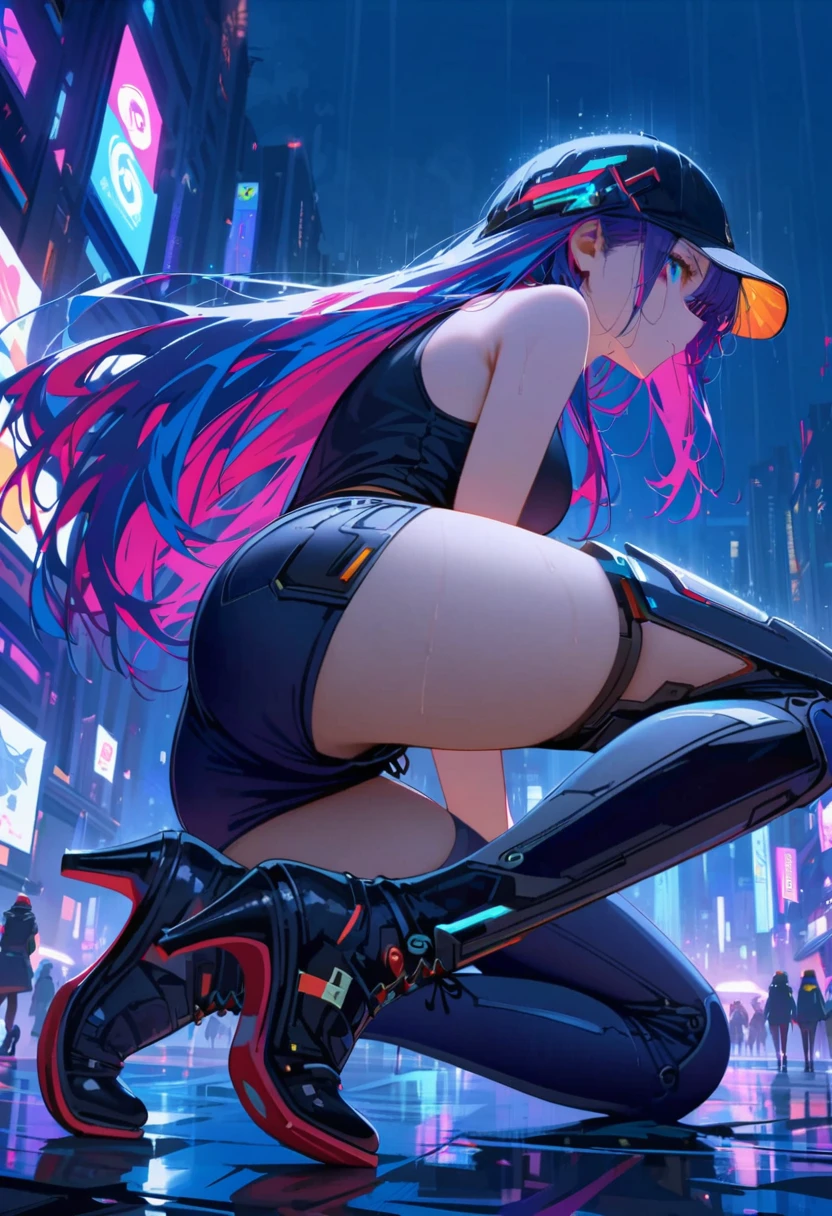 {{masterpiece,Best job}}, Superior quality, Ultra detailed CG unit,8K Wallpaper, Lens flare, (Beautiful detailed eyes),particle,Women,Short Berry Hair,cold face,((Colorful mechanical hair)),rainbow eyes,heterochromia of the iris,what a thing,Black Purple Body,Inorganic black cap,(Perfect body),cyberpunk,inorganic decoration,body,cable,low angle,The Whole BodyEsbian,a sexy,high heels boots,city at night,rain,eyes looking down,perfect hands.