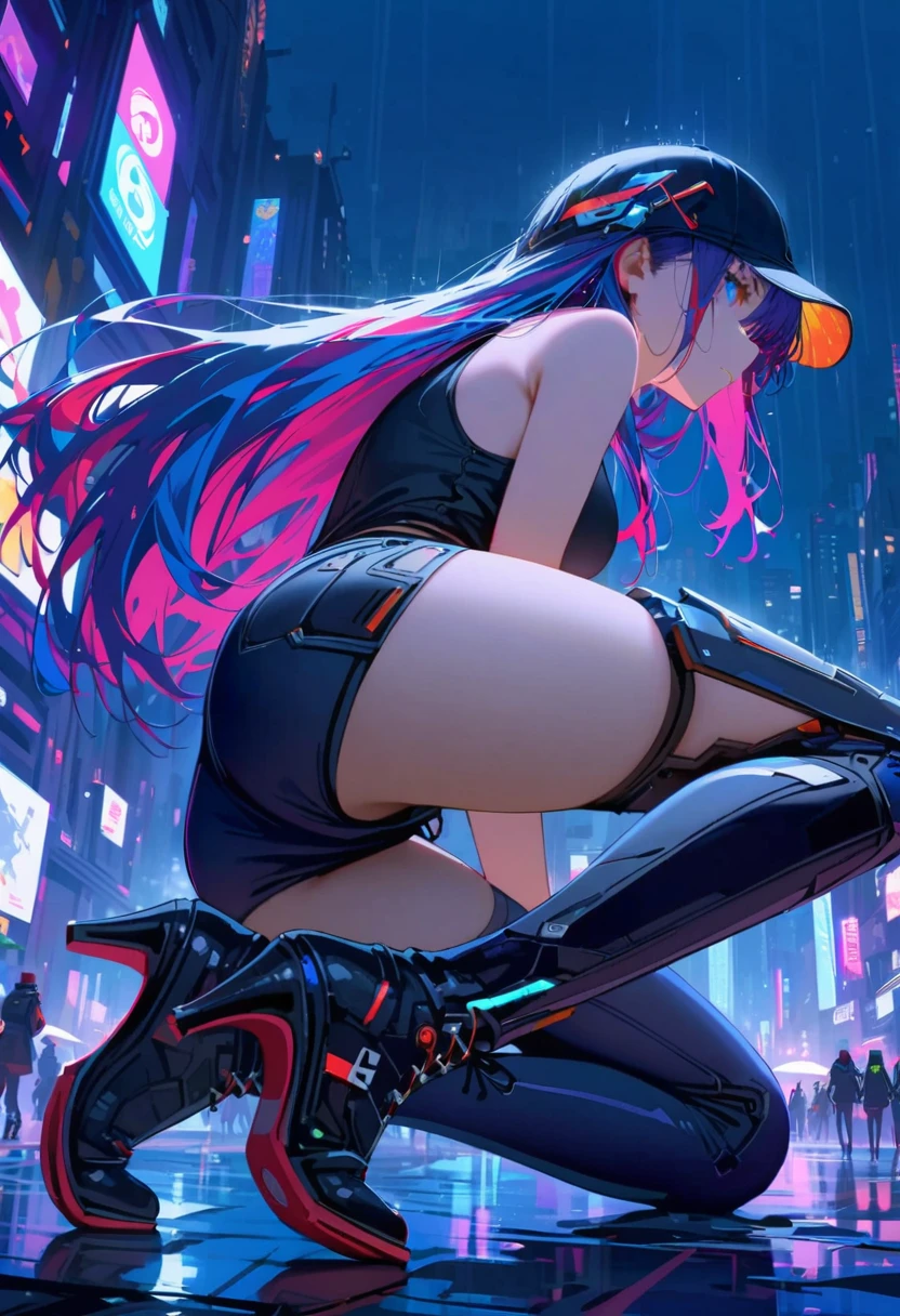 {{masterpiece,Best job}}, Superior quality, Ultra detailed CG unit,8K Wallpaper, Lens flare, (Beautiful detailed eyes),particle,Women,Short Berry Hair,cold face,((Colorful mechanical hair)),rainbow eyes,heterochromia of the iris,what a thing,Black Purple Body,Inorganic black cap,(Perfect body),cyberpunk,inorganic decoration,body,cable,low angle,The Whole BodyEsbian,a sexy,high heels boots,city at night,rain,eyes looking down,perfect hands.
