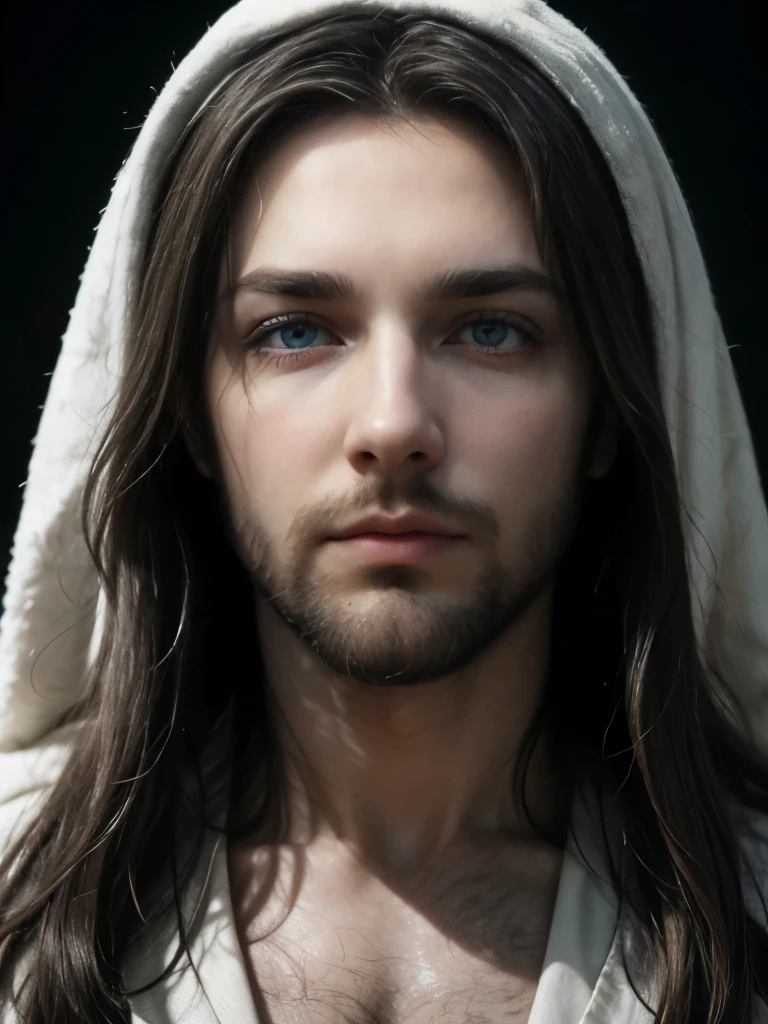 (symmetry),centered,a ((close)) up portrait,(Jesus),a very thin white man with long hair and a beard,wearing a long white robe,35mm,natural skin,clothes detail, 8k texture, 8k, insane details, intricate details, hyperdetailedhighly detailed,realistic,soft cinematic light,HDR,sharp focus, ((((cinematic look)))),intricate, elegant, highly detailed