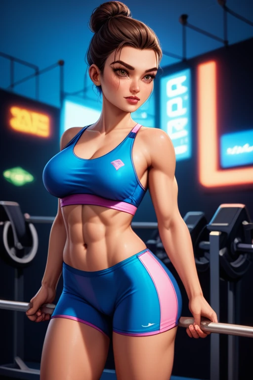 24-year-old Caucasian female fitness instructor with an athletic build and defined muscles; short spiky dark brown hair; hair has neon blue tips; hazel eyes; subtle cybernetic enhancements; fair skin; wears high-tech workout attire including sports bras, compression shorts, and tank tops; in a futuristic gym setting with high-tech equipment; poses confidently, exuding a rebellious and tomboyish attitude; background includes vibrant neon lights and a gritty urban atmosphere; large breasts; Disney-style, CGI; best quality; high definition; trending on artstation; complex volumetric lighting; shadows;