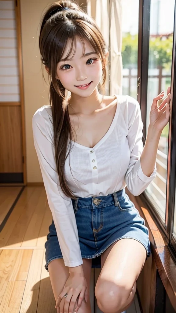 Highest quality、Highest quality、High resolution、8K、Young Japanese woman、One woman、Tight mini skirt、Beautiful legs、smile、Brown Hair、Ponytail, slightly larger breasts、 style、office、office、Blurred Background、Sexy look、Crouching posture