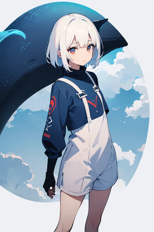 (white short hair)(red eye)(Eyes without highlights)(In the sky)(midnight)(Gloomy environment)(Eyes emit blue U-light)(Riding a big dark blue monster whale in the sky)(whole body)(Far viewing angle)4K