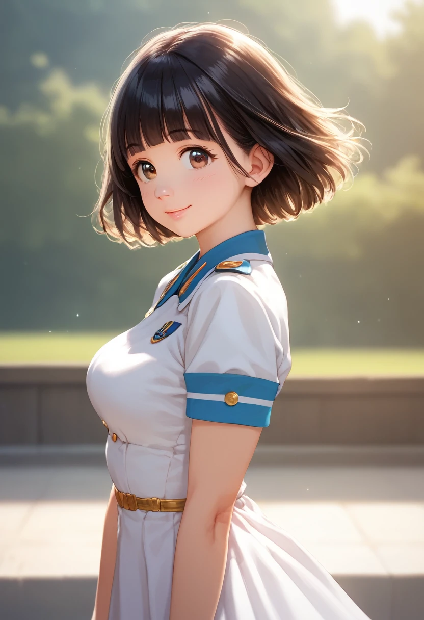 score_9,score_8_up,score_7_up,masterpiece,best quality, source anime, realistic, super detailed, extreme detailed, rating_safe,
1girl, 22yo, short hair, bob cut, (blunt bangs), black hair, (tareme, detailed cute brown eyes), curled eyelashes, (large breasts:0.9),
shiny hair, beautiful detailed eyes, beautiful face,
promotional model uniform, short sleeve cropped jacket, tight fit short sleeve dress,
smile,
international trade fair venue