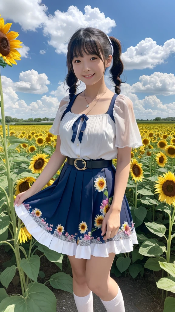 Japanese, high school girl, brown eyes, smiling face, young face, black hair, pigtails, blue ribbon hair ornament, cleavage, necklace, floral short-sleeved blouse, silver belt, floral pleated skirt, white socks, blue shoes, blue sky and white cumulonimbus clouds, standing in front of a sunflower field, plateau scenery, lakeside, nostalgic scenery, summer scenery, refreshing feeling