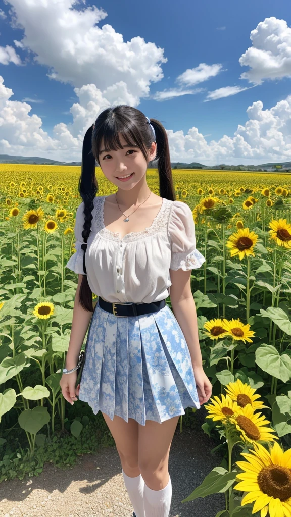 Japanese, high school girl, brown eyes, smiling face, young face, black hair, pigtails, blue ribbon hair ornament, cleavage, necklace, floral short-sleeved blouse, silver belt, floral pleated skirt, white socks, blue shoes, blue sky and white cumulonimbus clouds, standing in front of a sunflower field, plateau scenery, lakeside, nostalgic scenery, summer scenery, refreshing feeling