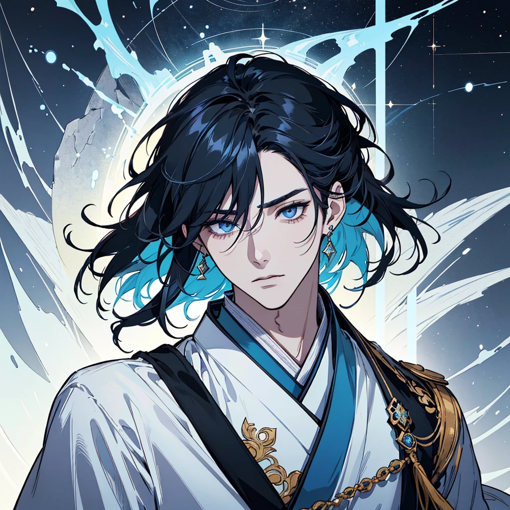 ((Genshin impact style)) ((face portrait))(masterpiece), (high quality), (pretty boy face), 1 boy, 16 years, masculine and tall body, white skin, ((long black hair)), ((light blue and cold eyes)), ((calm and paeceful expression)), designs from East Asian, Game character costume design, ((Japanese clothing style with a dark blue, white and black color palette,)) he is holding a book ((White background, mathematical, astronomical and blue details)), ((portrait panting)) intricate details, ultra high resolutio,  HD，8k，clear facial features，clear details，beautiful eyes，beautiful face
