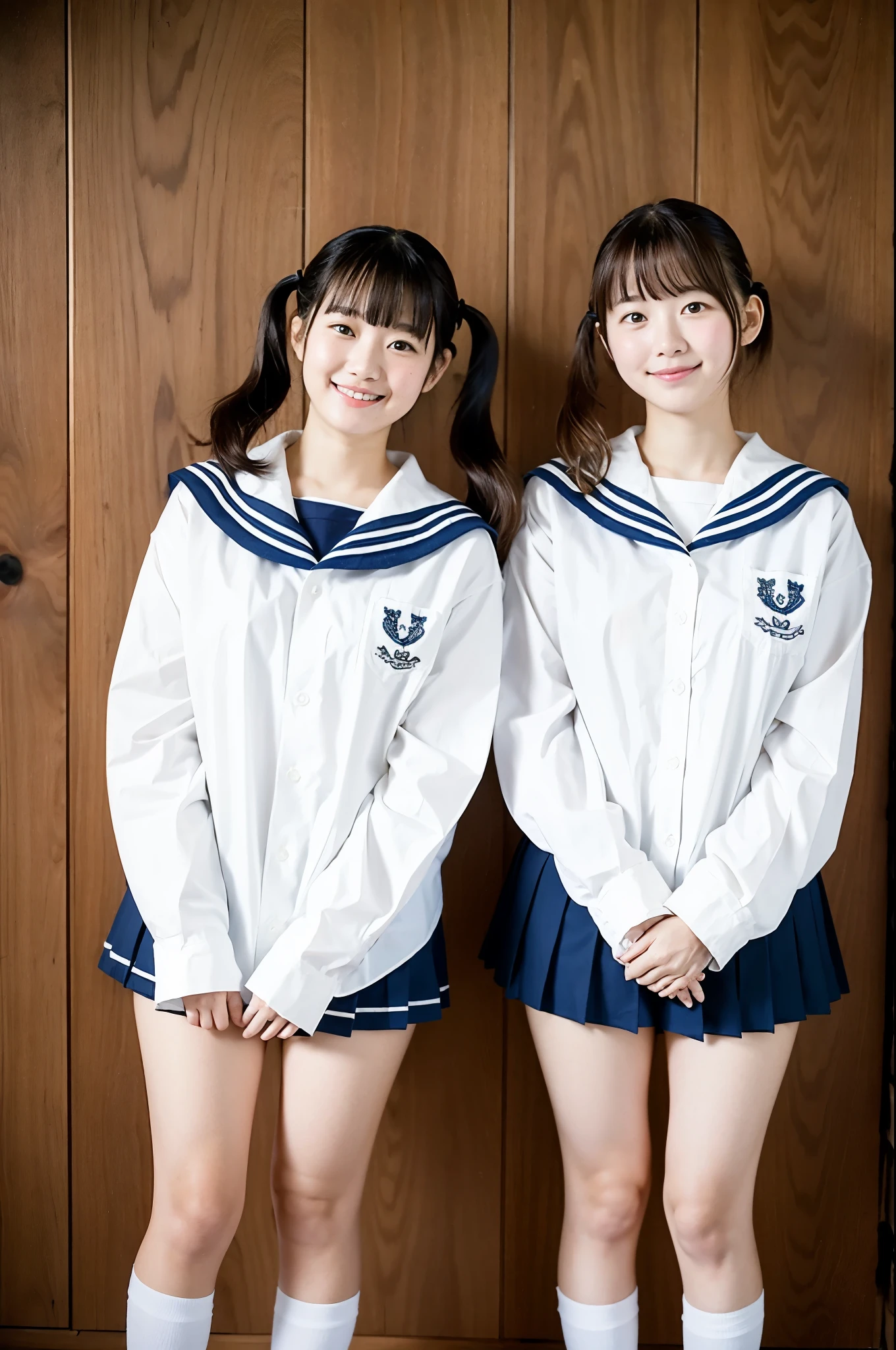 2 girls standing in wooden school classroom,white sailor shirt,white thong,18-year-old,bangs,a little smile,thighs,knees,short hair with low pigtails bunches,from below,front light