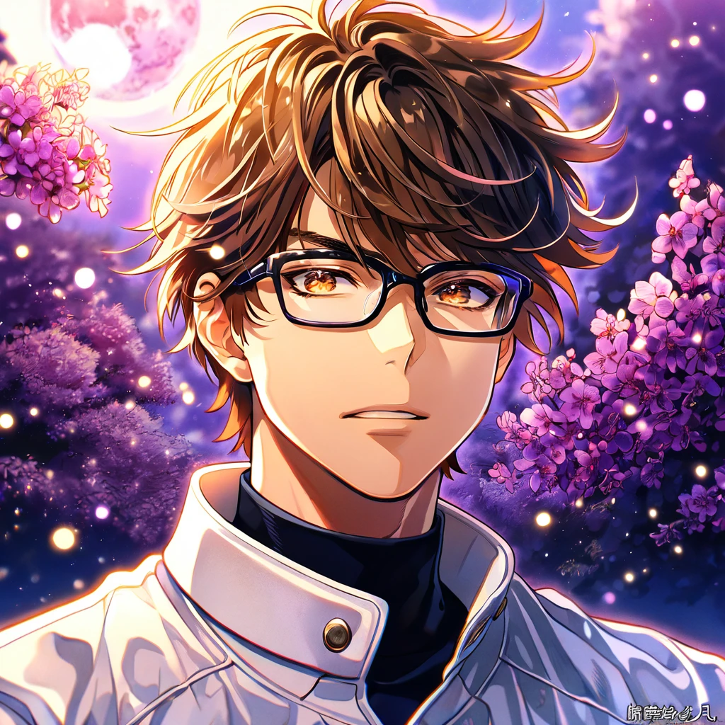 absurdres, highres, ultra detailed, HDR, master piece, best quality, Miyuki Kazuya, brown hair, messy and windswept, expressive amber eyes, Diamond No Ace, solo, sexy man, handsome, glasses with black frames, white baseball uniform, fantasy, purple moon, purple flowers, purple blossoms, purple petals, fireflies