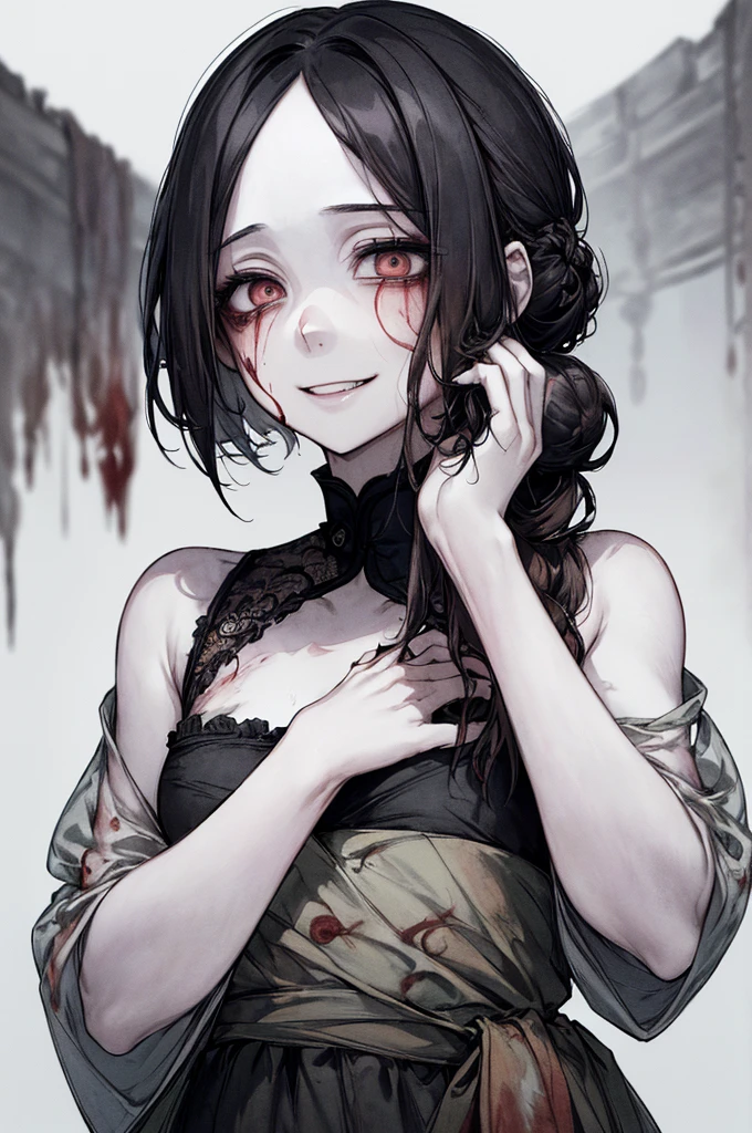 (masterpiece: 1. 2, Highest quality), (Actual photo, Intricate details), (1 female, Upper Body, Small breasts、With eyes wide open, Scary atmosphere, Distorted facial expressions, 邪悪なsmile, Bleeding from the eyes, Blood splatter, whole body, China dress, Twin-tailed bun、Black Hair, (Dark circles under the eyes), pale, Ill, Sickly, 邪悪なsmile, Crazy Eyes, ( smile), Dramatic makeup, Mixed Media Art, White Background