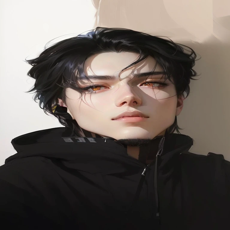 a closeup of a person wearing a black jacket and a black hoodie, kpop idol portrait, inspired by Yanjun Cheng, dark and penetrating eyes, Korean artist, has a penetrating look, retrato de Taehyung de bts, cai xukun, Taehyung, realistic anime art style, anime realism style, realistic anime art style, realistic image, ultra realistic portrait