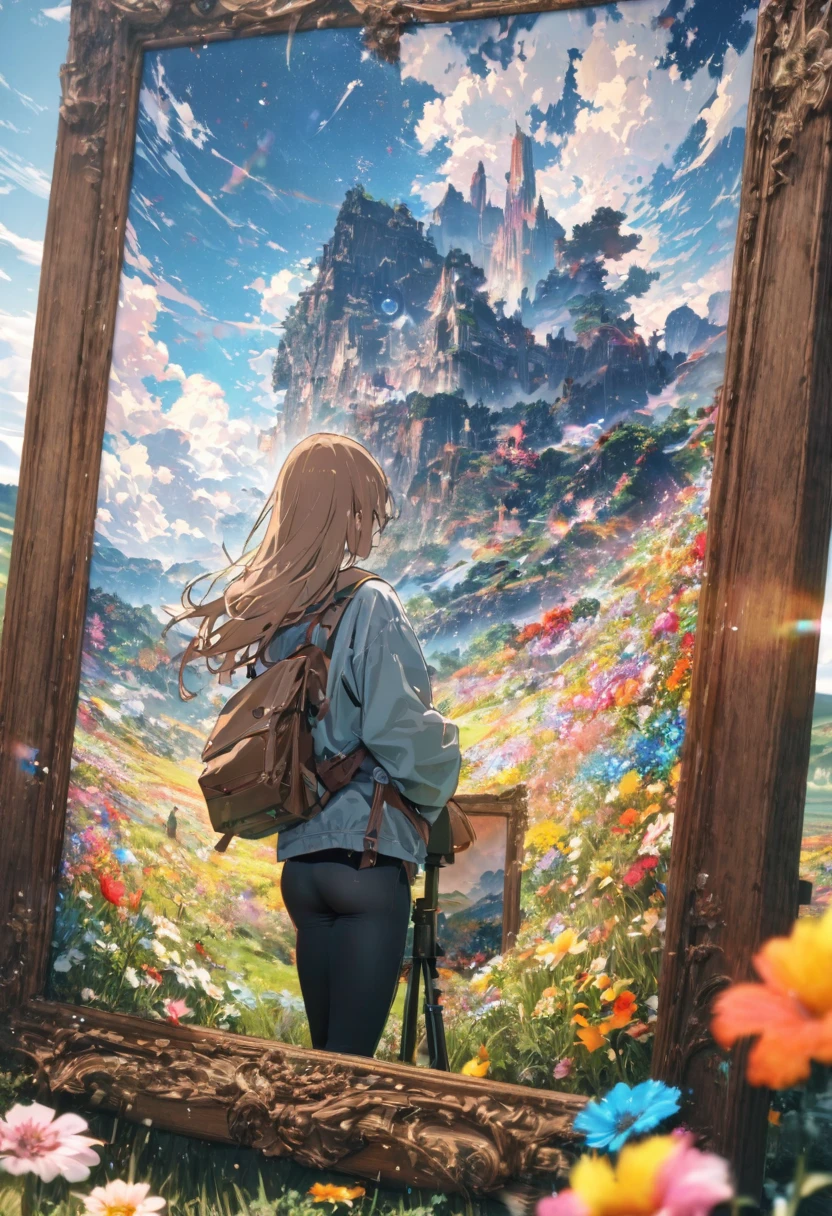 A wooden picture frame is placed on a tripod in a wide grassland filled with colorful flowers., フレーム内の景色はVery detailedな写真です, The scenery outside the frame is an anime-style photo., Back view of a woman looking into a picture frame, Hiker style woman, Wear tight pants, A strange worldview, Parallel World Style, Distortion of Space, (masterpiece:1.4), (Highest quality:1.4), Very detailed, Complex, Very detailedな, shape,colorful, Colorized,