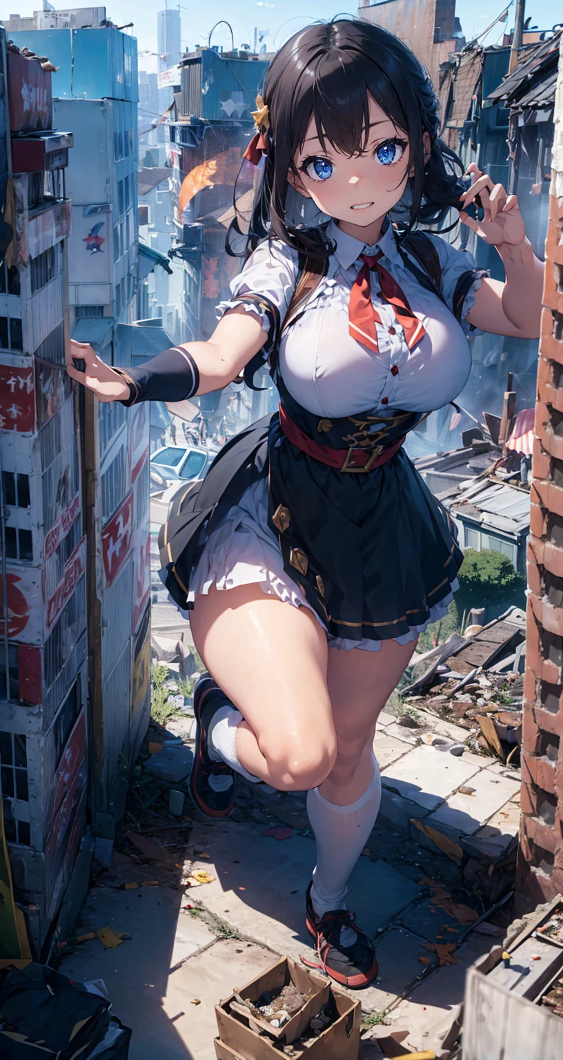 (((Dark Hero))),White idol frill ribbon maid outfit、Bigger Girl Bill、Background Blur、Gulliver'trip、Alice in Wonderland、City of Rubble、((((Super huge breasts))))、Large Breasts、、Large Breasts、Large Breasts、Large Breasts、Voluptuous thighs、Voluptuous thighs、Building fires、Giant girl sitting on the roof of a skyscraper、cigarette、((((Building explosion))))、Reaching out、End of the Century Ruins、((((Open your legs to show your panties)))),進撃の巨人のThe giant girl who moves the earth、((Ultraman))、(((Giant of Light))),The giant girl who moves the earth、足元のCity of Rubble、A building with rubble piled up at its feet、Flying Debris、loafers、Low angle camera、high school girl、((((Fighting Pose))))、((((A huge explosion at my feet))))、8k、High image quality High image quality、Nipples、Sheer shirt、A dwarven chariot at your feet、((((Destroy a broken dwarven building with your foot)))),(((A group of dwarfs fleeing)))、Facing the Dwarven Army