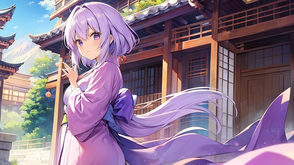 woman clear Light purple hair kimono Anime Style Mountain village