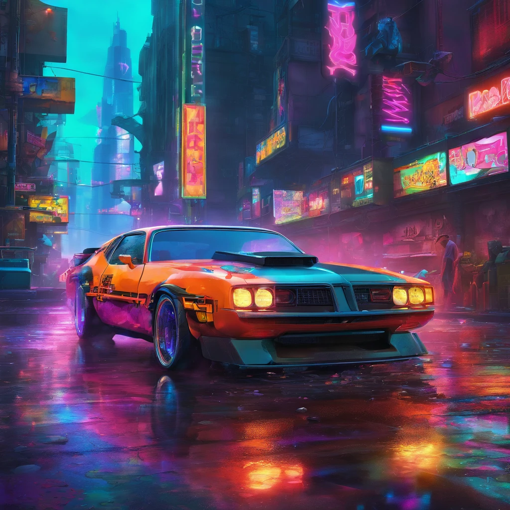 a highly detailed, vibrant, and realistic illustration of a colorful muscle car blowing out clouds of vivid colors from its tailpipe, breathing life back into a greyed out, dystopian city skyline with abandoned buildings, graffiti, neon lights, and futuristic technology, set against a backdrop of rain-soaked streets, shadows, reflections, speed, and urban decay, featuring dynamic lighting, HDR, and studio-quality rendering, showcasing the car's intense power, motion, and the contrast between the car's vibrant colors and the city's gritty, cyberpunk aesthetic