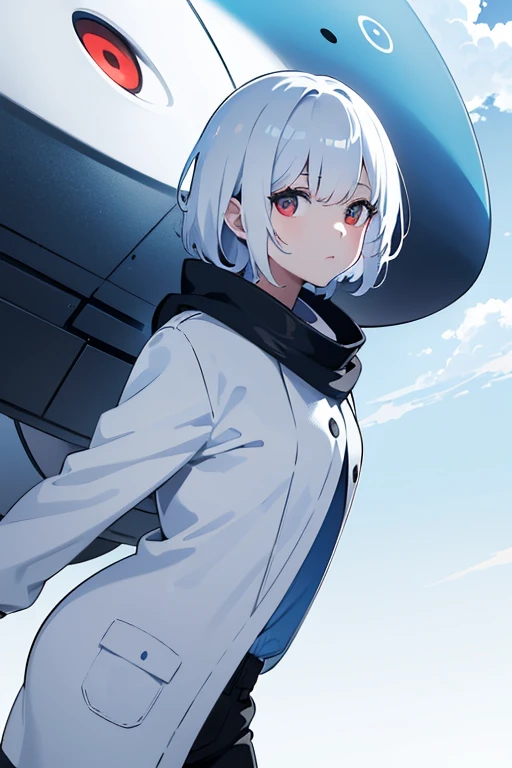 (white short hair)(red eye)(Eyes without highlights)(In the sky)(midnight)(Gloomy environment)(Eyes emit blue U-light)(Riding a big dark blue monster whale in the sky)(whole body)(Far viewing angle)4K