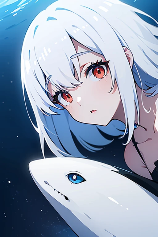 (white short hair)(red eye)(Eyes without highlights)(In the sky)(midnight)(Gloomy environment)(Eyes emit blue U-light)(Riding a big dark blue monster whale in the sky)(whole body)(Far viewing angle)4K
