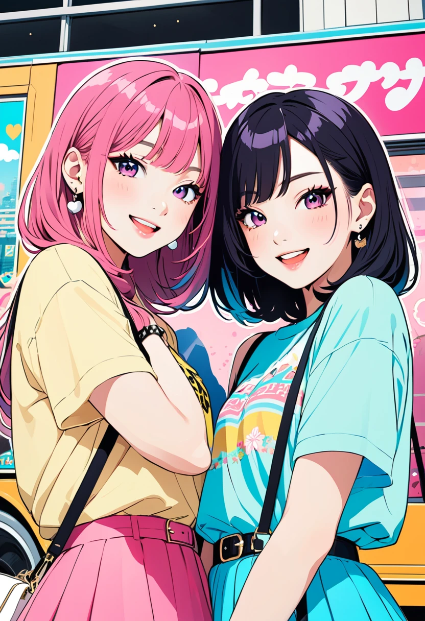 (masterpiece, best quality:1.1),
popart style,flat color,(two girls),cute face,tween Gal,(enjoying purikura),(Harajuku,tokyo),sensational fashion,beautiful detailed scenery, friendly,very happy,beautiful lighting,dynamic angle,depth of field,photographic portrait, sharp,