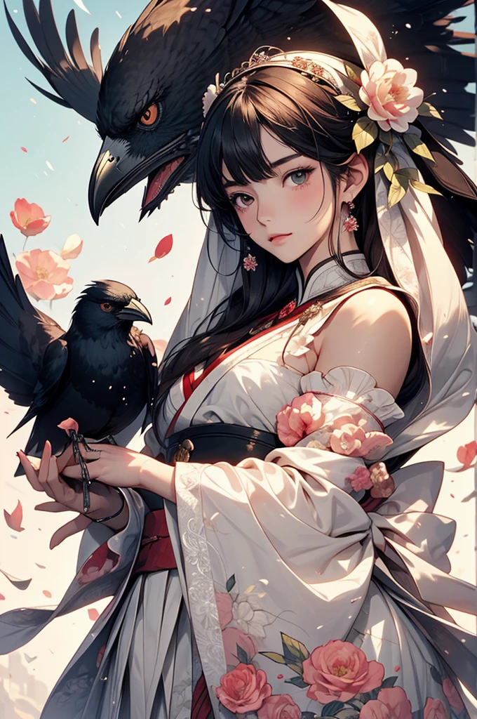 Highest quality,masterpiece,Ultra-high resolution,1 Girl,Looking at the audience,One,Takato Yamamoto style, simple background,white_background,Crow,Camellia,Cold-blooded girl