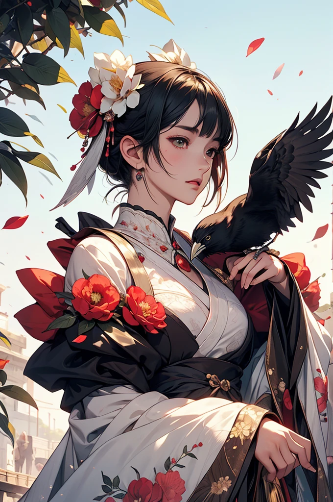 Highest quality,masterpiece,Ultra-high resolution,1 Girl,Looking at the audience,One,Takato Yamamoto style, simple background,white_background,Crow,Camellia,Cold-blooded girl