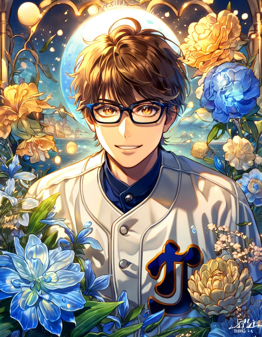 absurdres, highres, ultra detailed, HDR, master piece, Miyuki Kazuya, brown hair, expressive amber eyes, black glasses, white baseball uniform, Diamond No Ace, man, handsome, best quality, blue moon, flowers, fantasy, magical, solo, water, blue shining fireflies, blue petals, handsome smile