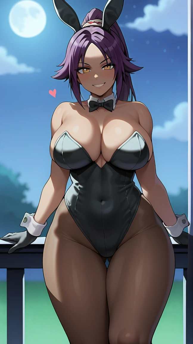 1girl, Yoruichi Shihouin , pantyhose, breasts, solo, animal ears, playboy bunny, bunny ears, breasts, bottom, solo, navel, panties, big breasts, gloves, eyes, looking at viewer, looking at low, moon, smile, heart, thighs, covered nipples, thick thighs, panties, makeup, hair, night,