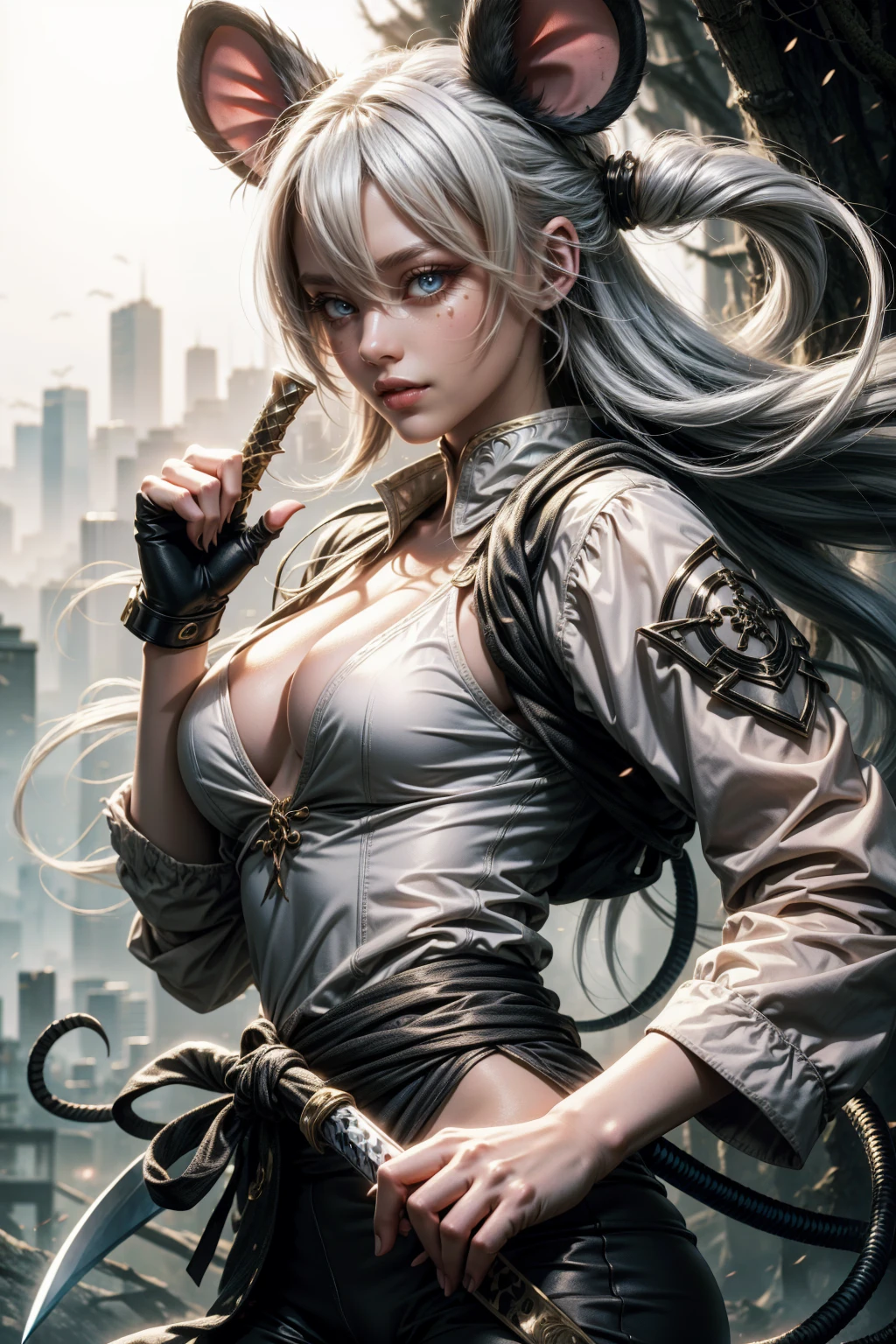 Sexy ninja girl with mouse ears silvery white hair, white and blue clothes with a katana, and jutsu hand sign