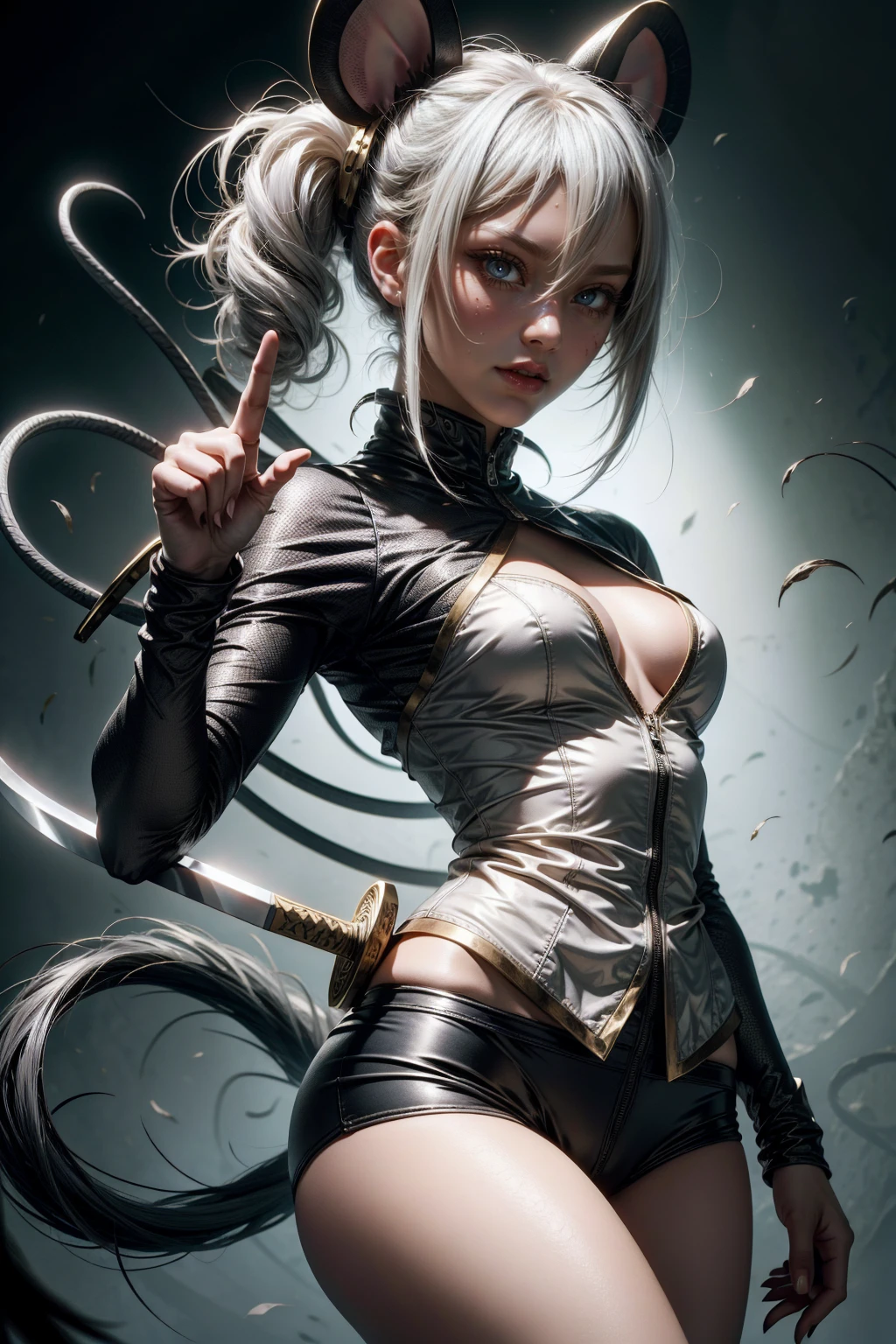 Sexy ninja girl with mouse ears silvery white hair, white and blue clothes with a katana, and jutsu hand sign