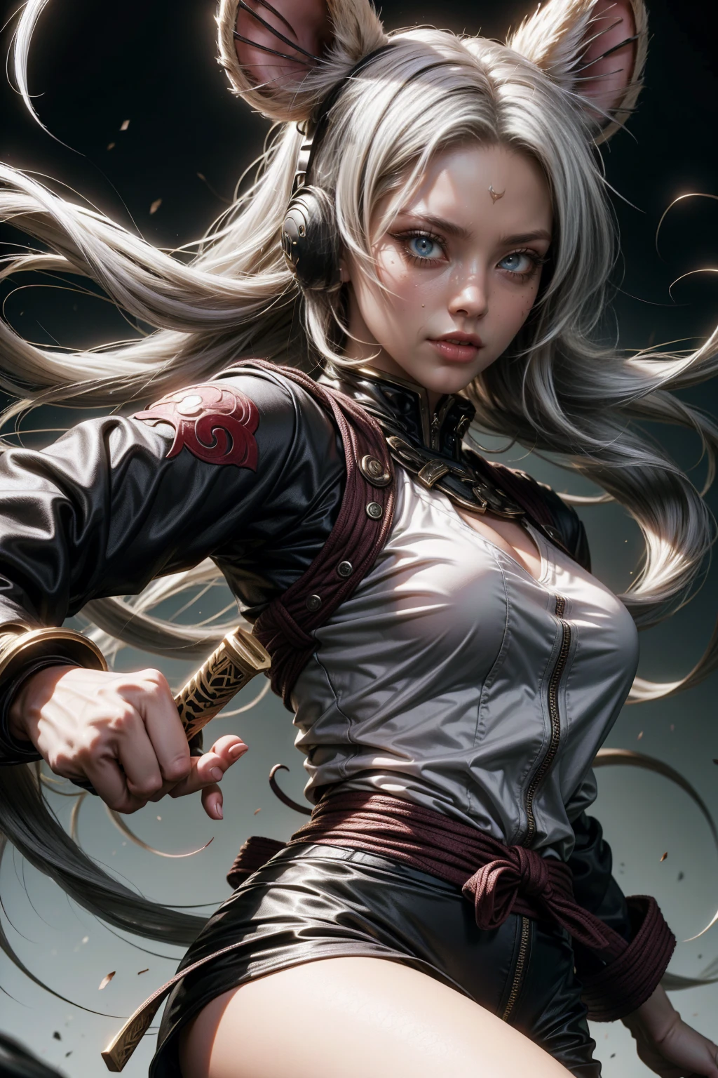 Sexy ninja girl with mouse ears silvery white hair, white and blue clothes with a katana, and jutsu hand sign