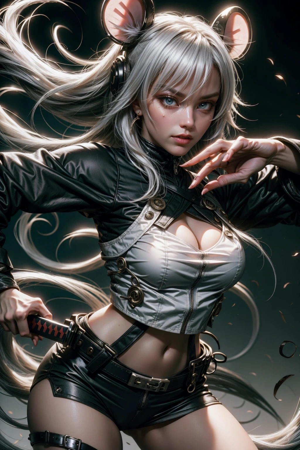 Sexy ninja girl with mouse ears silvery white hair, white and blue clothes with a katana, and jutsu hand sign