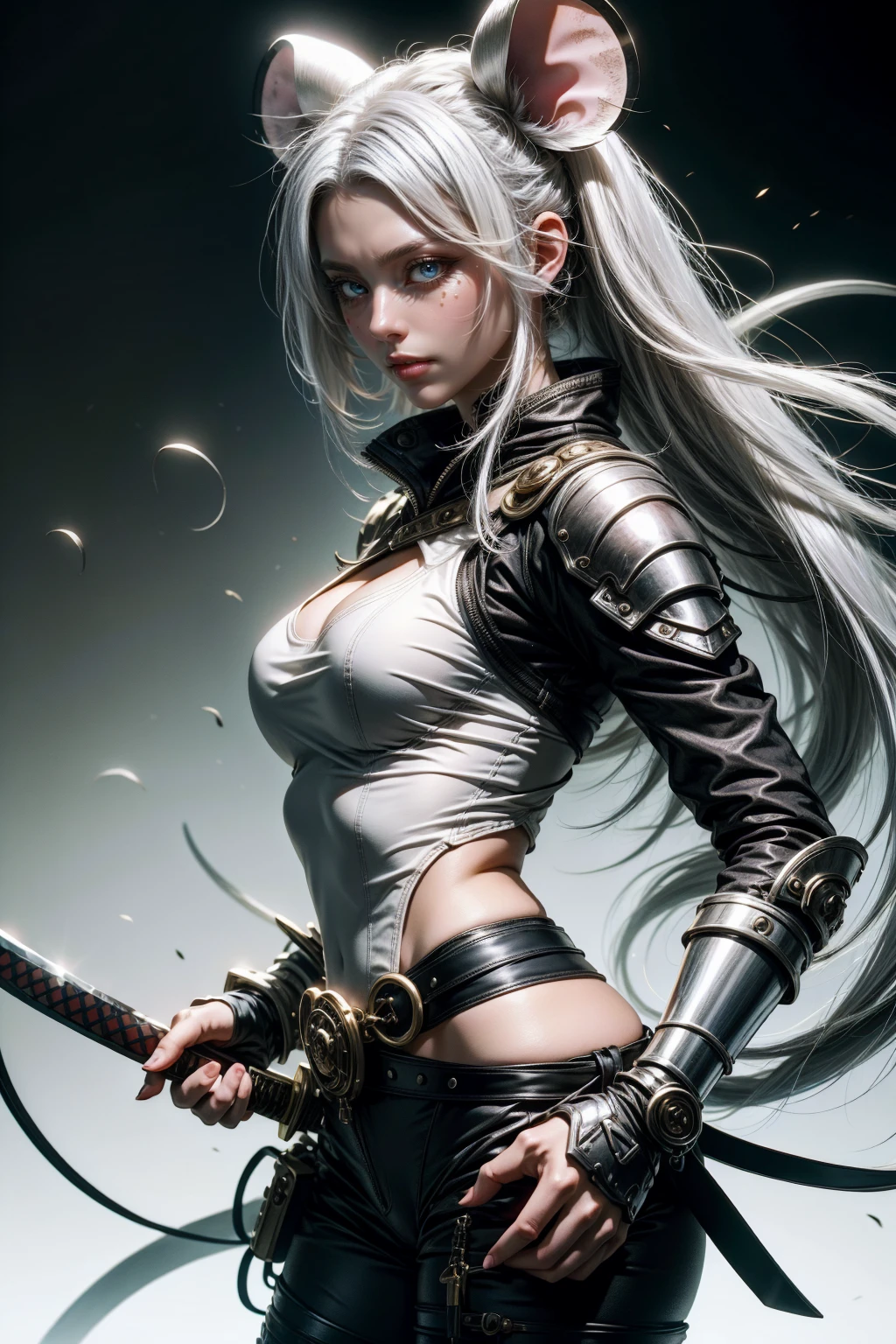 Sexy ninja girl with mouse ears silvery white hair, white and blue clothes with a katana, and jutsu hand sign