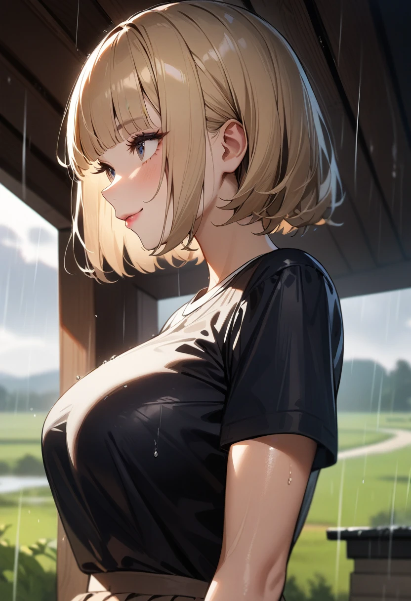 1girl,solo,super detailed skin,shiny skin,natural smile ,eyelashes,lips gloss,blonde hair, hime cut,blunt bangs,short hair ,large breasts ,, short sleeve shirt,skirt,taking shelter from rain,looking afar,countryside ,masterpiece,best quality,ultra detailed,high resolution,sharp focus,depth of field