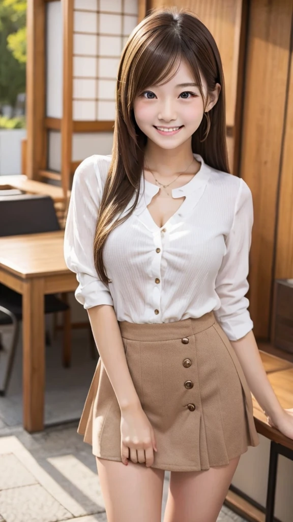 Highest quality、Highest quality、High resolution、8K、Young Japanese woman、One woman、Tight mini skirt、Beautiful legs、smile、Brown Hair、Ponytail, slightly larger breasts、 style、office、office、Blurred Background、Sexy look、Crouching posture