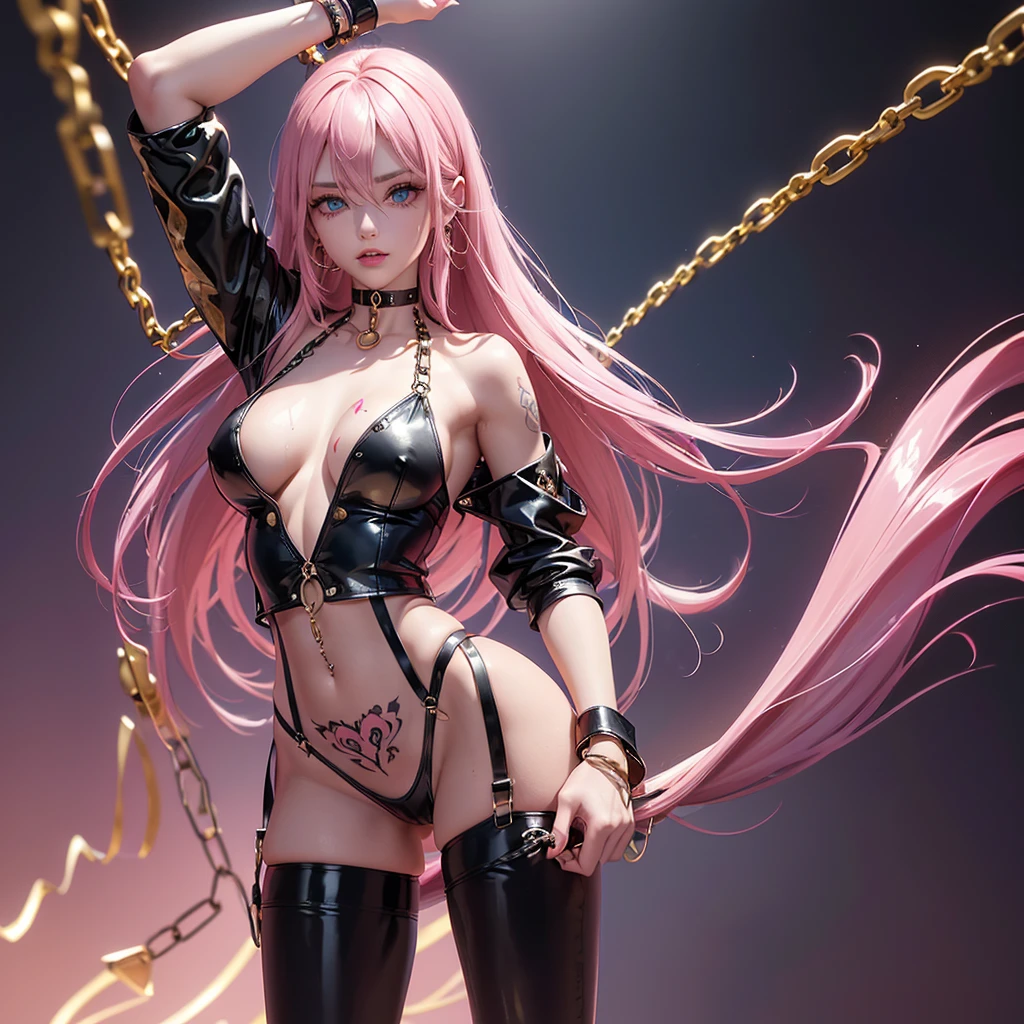 ((1 girl, long and messy pink hair, blue colored eyes, Woman, (((face flushed and very horny))) , standing on all fours , (wide leather choker) muscular female, gold bracelets, ruby earrings)), fitness, ((standing alone)), (red lipgloss stick), extremely detaild, soft ambient lighting, 4K, perfects eyes, a perfect face, ((very detailed hands and arms)) (perfect lighting),View from behind ((metalhead Woman)), Punk Girl, (((piercing))) tears in the eyes ((pink micro blouse with chains and sensual neckline)), 18-years old (((well-defined medium breasts))) strapless latex micro baby doll, pretentious smile, ((shapely and well-defined legs)) mine Transparent black leather jacket open with points and long sleeves with the shoulders showing, open tummy, latex micro panties with chain straps marking her small pussy swollen with lust, well designed and well defined, suspender style chain belt, high qualiy, 4K, High definition, bom detalhe, ((sexy tattoo)) ((medium bust,)) extremely sexy (((medium glossy lips))) long black transparent socks (fully body) ( fiel ao prompt) cabelo View from behind