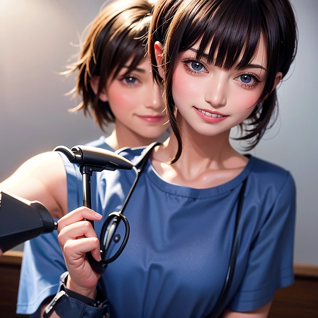 masterpiece, 最high quality, Ultra-high resolution, (Realistic:1.4), Beautiful face in every detail, High Quality Clothing, Amazing European Women, very cute, Portraiture, Soft skin and perfect face、Perfect Face, Shoot your hair, 8K resolution,Super Realistic,Very detailed,high quality, A broad perspective、((A nurse wearing a navy blue scrub))、((A big smile:1.3))、((Small breasts))、Nurse talking to patient