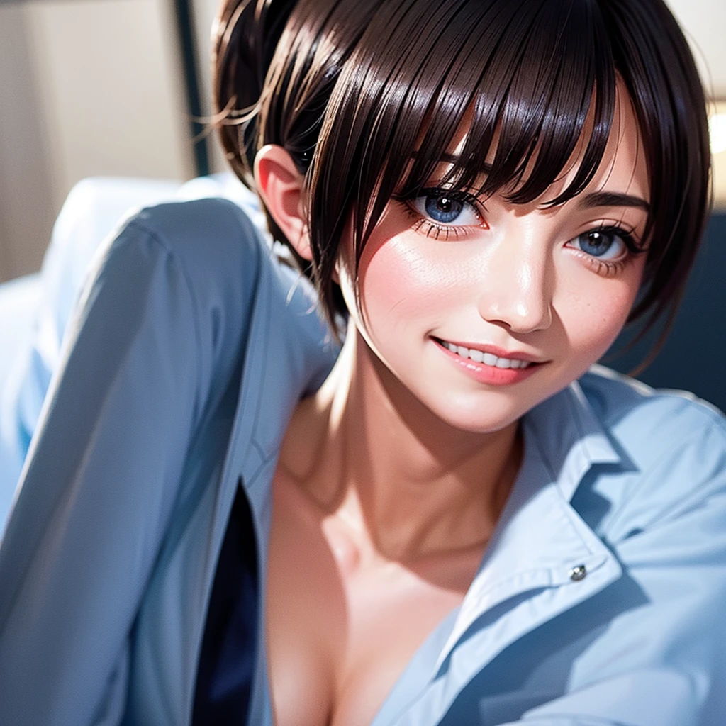 masterpiece, 最high quality, Ultra-high resolution, (Realistic:1.4), Beautiful face in every detail, High Quality Clothing, Amazing European Women, very cute, Portraiture, Soft skin and perfect face、Perfect Face, Shoot your hair, 8K resolution,Super Realistic,Very detailed,high quality, A broad perspective、((A nurse wearing a navy blue scrub))、((A big smile:1.3))、((Small breasts))、Nurse talking to patient