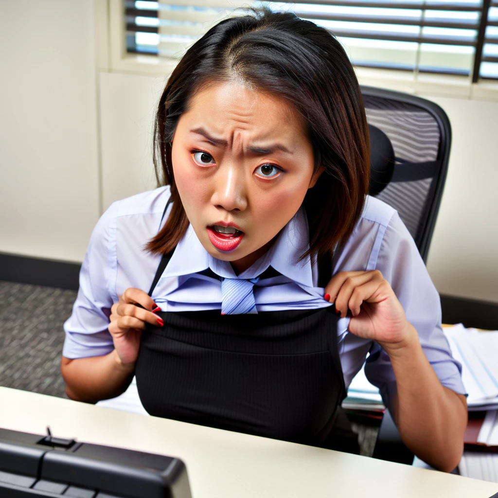 Asian office worker with nice , unhinged, unstable, uncertain, unreliable