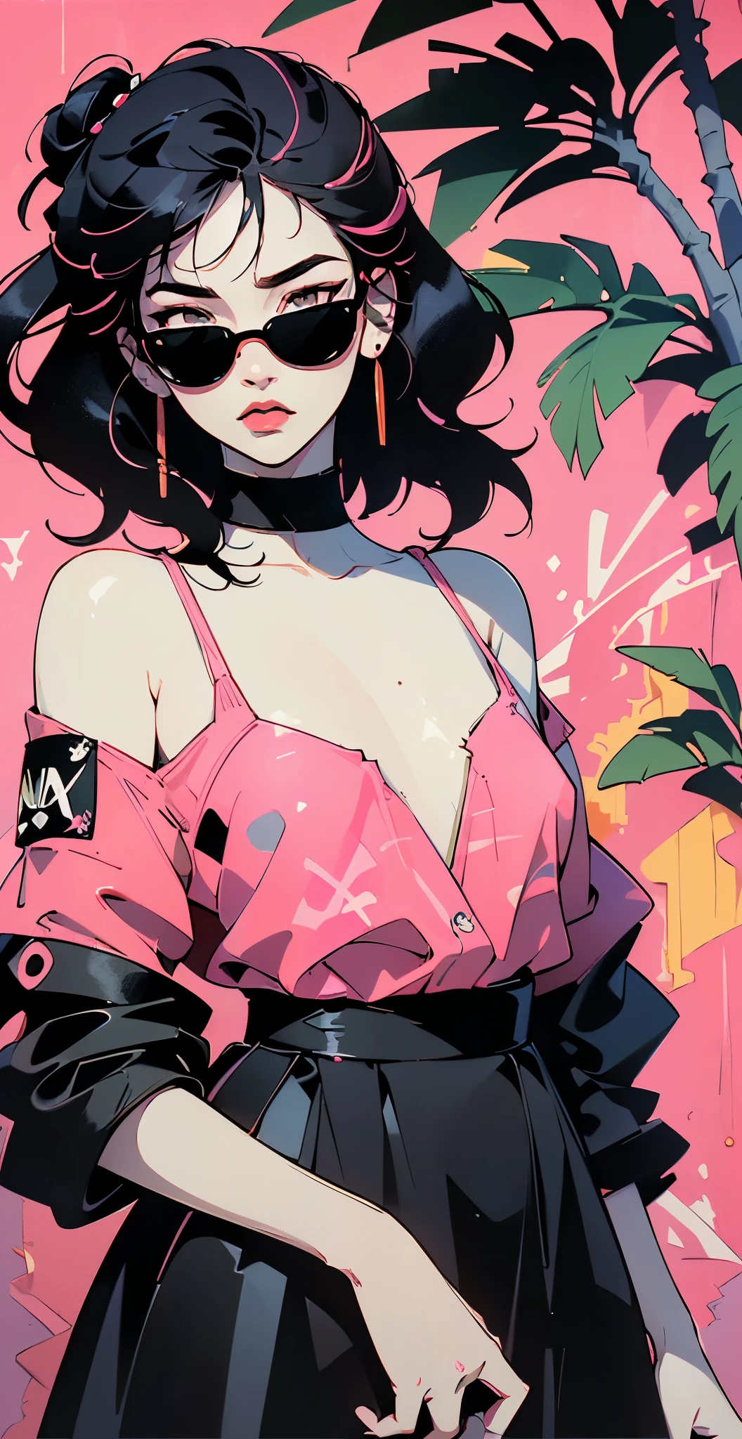 ((Lisa Black Pink)) in a dress standing in front of simple background, up close, ((Art style by Patrick Nagel)), ((8k, wallpaper, detailed)), dark sunglasses, korean pop-star, black hair, pretty hands, fringe, simple red background, palm trees, (graffiti wall:1.2), strong, courageous, art by Patrick Nagel, album art cover