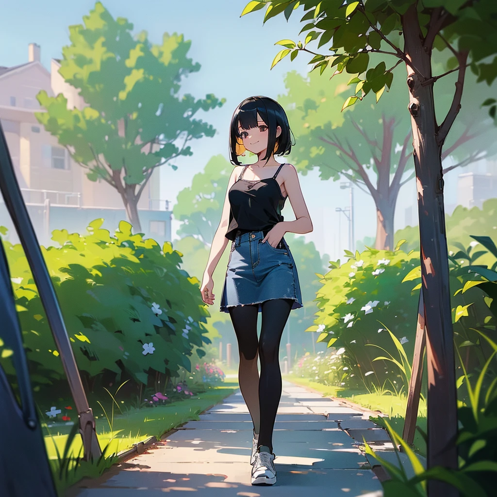 (high quality, High resolution, Very detailed, reality:1.37), Peaceful atmosphere, (Outdoor, garden), Teenage girl standing alone, (my breasts are big.), Beautiful details, Cute Smile, (Black bob hair), camisole, Denim skirt, Black tights, sneakers.