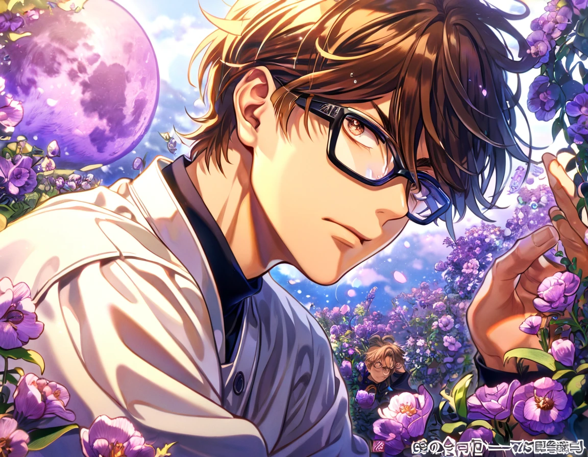 absurdres, highres, ultra detailed, HDR, master piece, best quality, Miyuki Kazuya, brown hair, messy and windswept, expressive amber eyes, Diamond No Ace, solo, sexy man, handsome, glasses with black frames, white baseball uniform, fantasy, purple moon, purple flowers, purple blossoms, purple petals, fireflies
